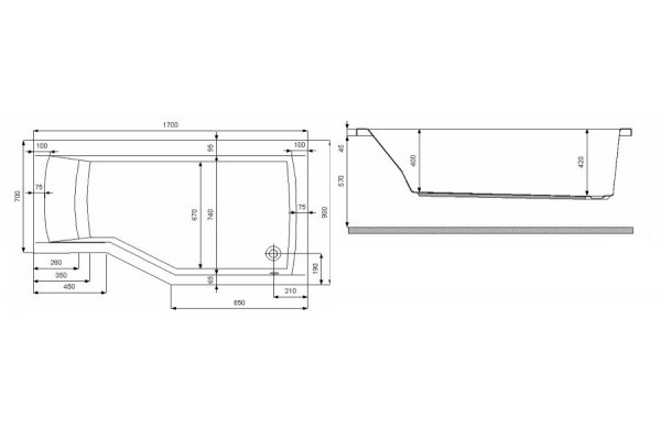 Угловая Акриловая ванна Noa 1700*900/700 L