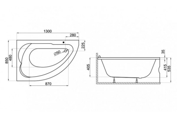 Угловая Акриловая ванна STANDARD 1300*850 мм R